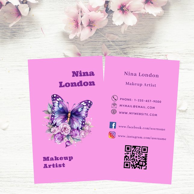 Pink purple butterfly Qr social media logo Business Card (Creator Uploaded)
