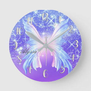Pink Purple Butterfly Sparkle Girly Personalised Round Clock