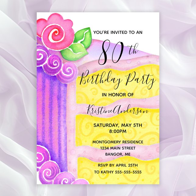 Pink Purple Cake Floral 80th Birthday Party  Invitation (80th Birthday Party Invitation with a piece of cake decorated with pink roses and frosting)
