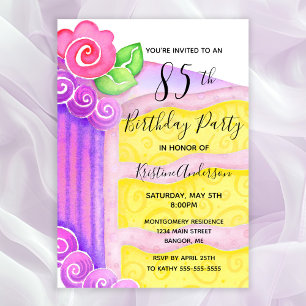 Pink Purple Cake Floral 85th Birthday Party  Invitation