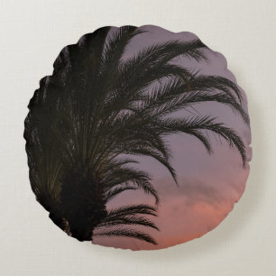 Pink Purple Caribbean Sunset Palm Tree 1 Round Cushion
