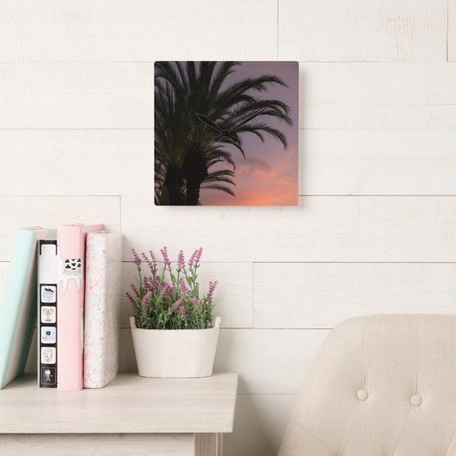 Pink Purple Caribbean Sunset Palm Tree 1 Square Wall Clock (Reading Room)