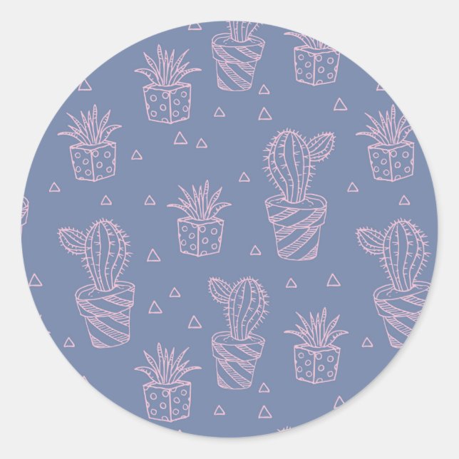 Pink & Purple Cartoon Cactus Pattern Classic Round Sticker (Front)