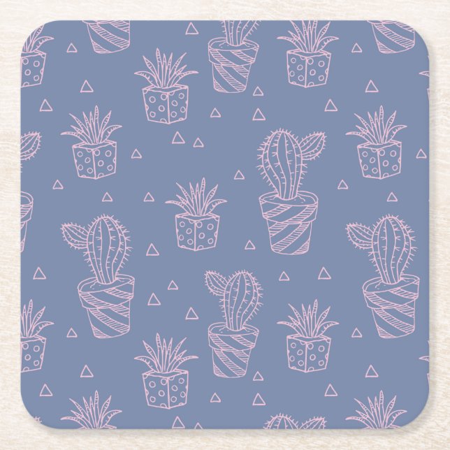 Pink & Purple Cartoon Cactus Pattern Square Paper Coaster (Front)