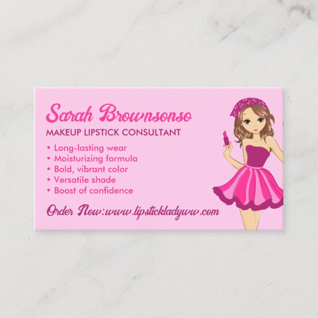 Pink Purple Cartoon Makeup Lipstick Business Card (Front)