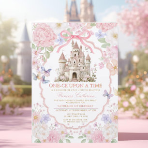 Pink Purple castle Butterflies Royal 1st Birthday Invitation