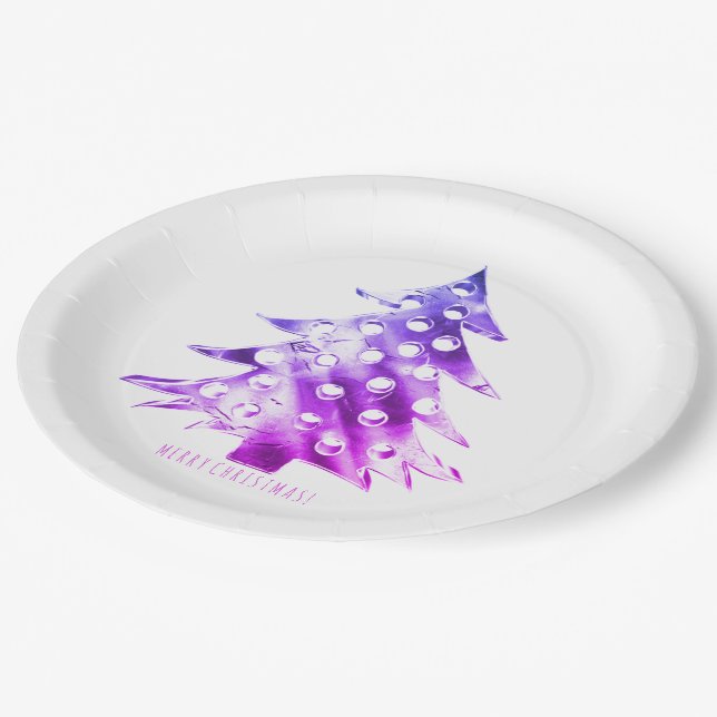Pink Purple Christmas Tree Elegant Modern Paper Plate (Angled)