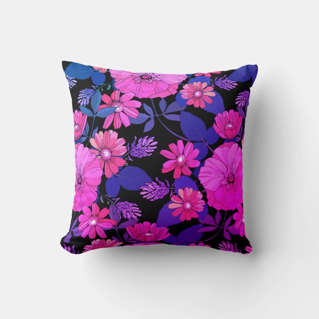 Pink & Purple Coloured Floral Print Throw Pillow (Front)