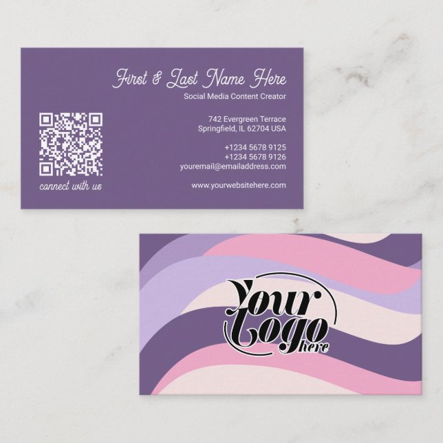 Pink Purple Colourful Waves Stripes QR Code Business Card (Front/Back)