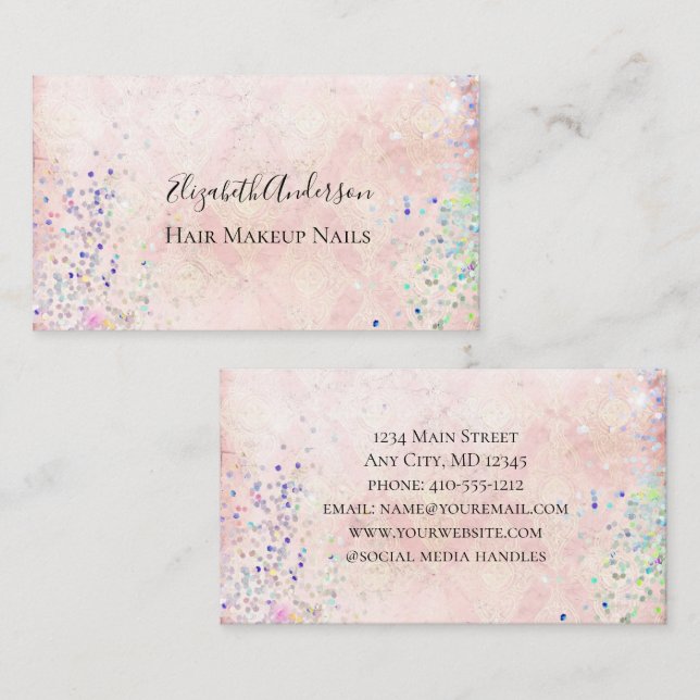 Pink Purple Confetti Girly Trendy Sparkle  Business Card (Front/Back)