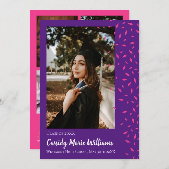Pink Purple Confetti Graduation Announcement (Front/Back)