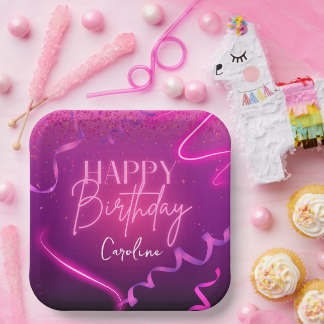 Pink Purple Confetti Neon Lights Happy Birthday  Paper Plate (Party)
