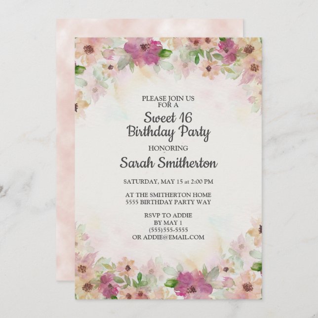 Pink Purple Cream Watercolor Sweet 16 Birthday Invitation (Front/Back)