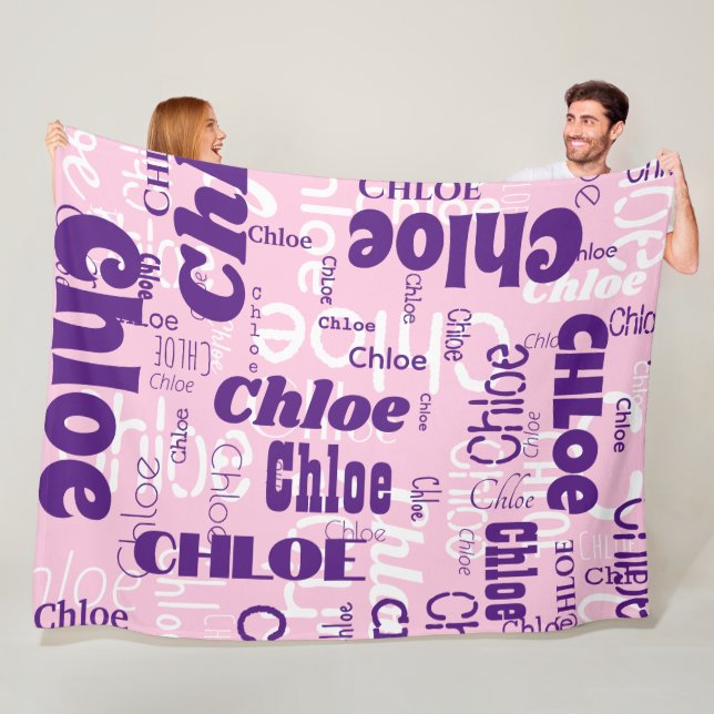 Pink Purple Custom Name Pattern Retro Fonts Fleece Blanket (In Situ)