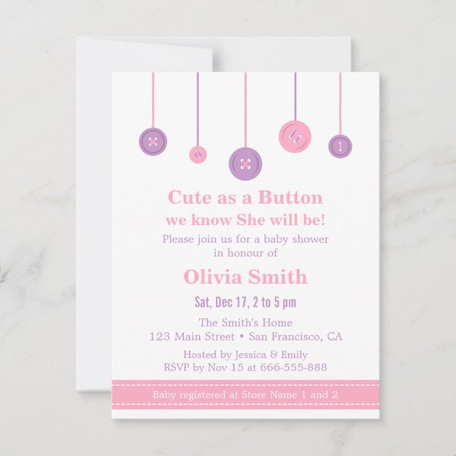 Pink Purple Cute as a Button Baby Shower Invitation (Front)