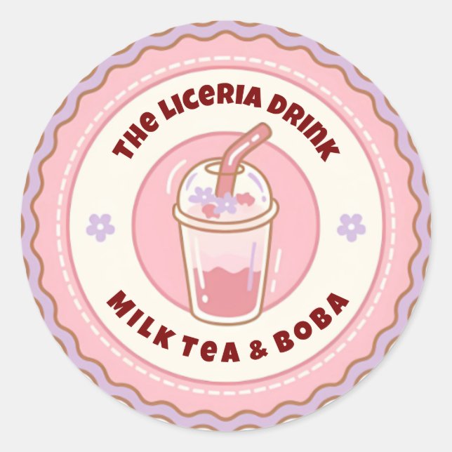 Pink & Purple Cute Boba Milk Tea Logo  Classic Round Sticker (Front)