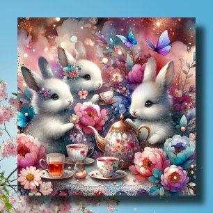 Pink Purple Cute Bunny Easter Tea Party Holiday Card