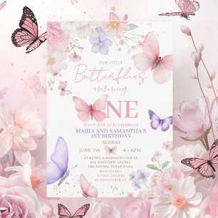 Pink Purple Cute Butterfly Twin Girl 1st Birthday Invitation