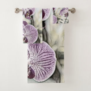 Pink purple cute orchid flowers drawing bath towel set