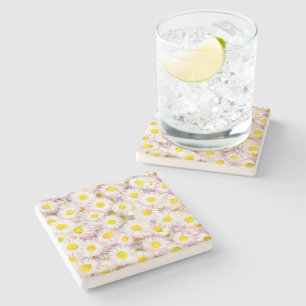 Pink Purple Daisy Flower Pattern Stone Coaster