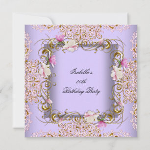 Pink Purple Damask Gold Flowers Birthday Party Invitation
