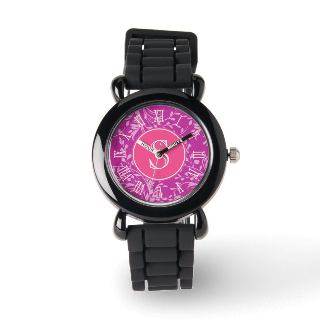 Pink, purple damask graphic monogram girls watch (Front)