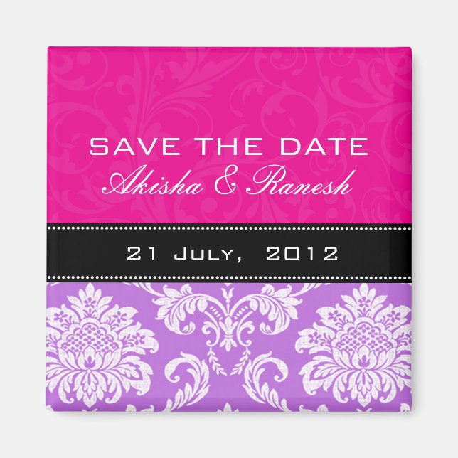 Pink Purple Damask Save the Date Magnet (Front)
