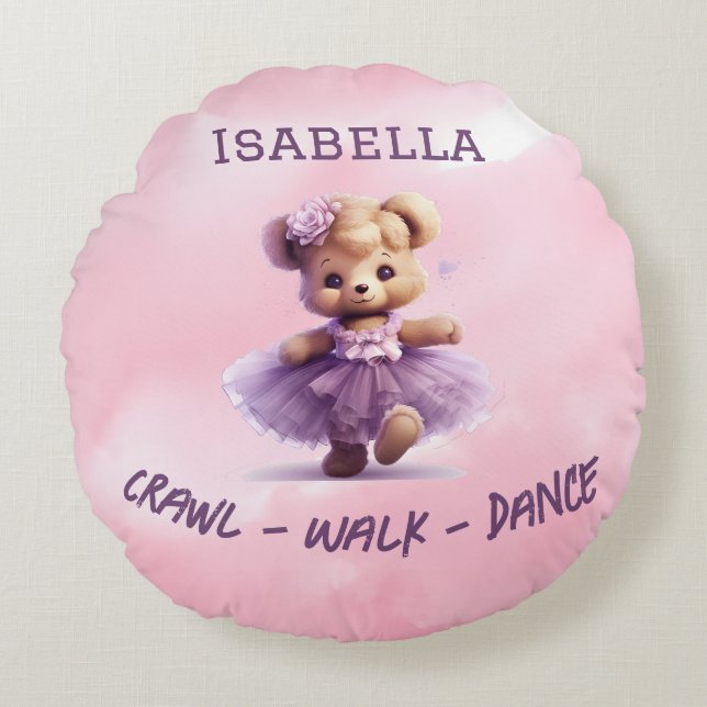 Pink Purple Dancing Bear Round Through Pillow (Front)