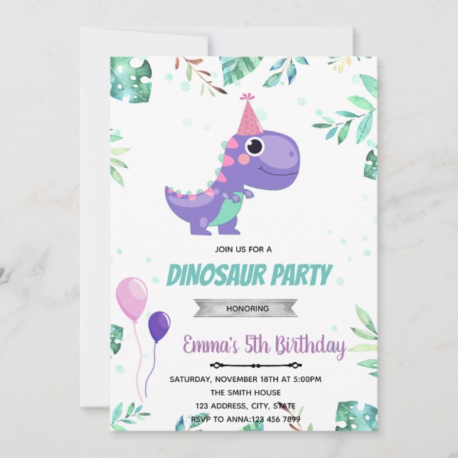 Pink purple dinosaur party invitation (Front)
