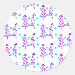 Pink Purple doodle christmas tree stars holiday pa Classic Round Sticker