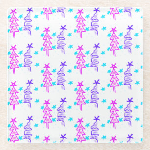 Pink Purple doodle christmas tree stars holiday pa Glass Coaster