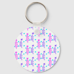 Pink Purple doodle christmas tree stars holiday pa Key Ring