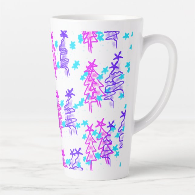 Pink Purple doodle christmas tree stars holiday pa Latte Mug (Right)