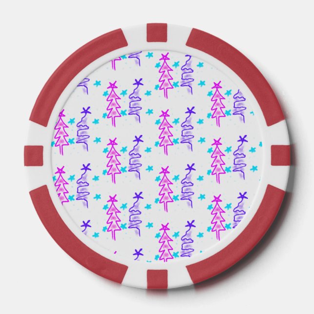 Pink Purple doodle christmas tree stars holiday pa Poker Chips (Front)