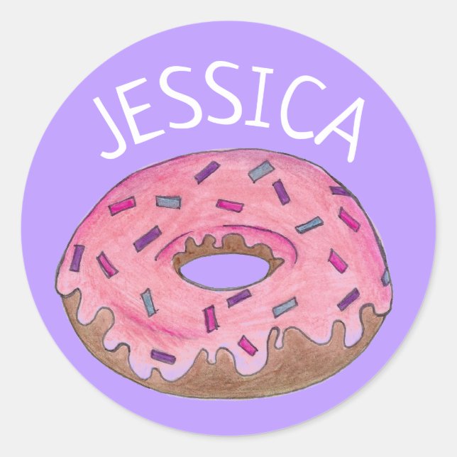 Pink Purple Doughnut Doughnut Sprinkles Personalis Classic Round Sticker (Front)