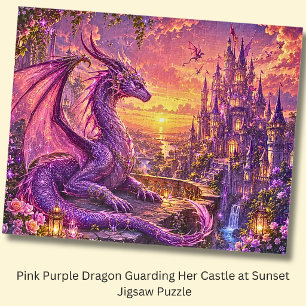 Pink Purple Dragon Guarding Her Castle at Sunset Jigsaw Puzzle