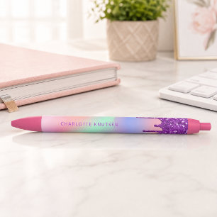 Pink purple drips custom monogram name black ink pen