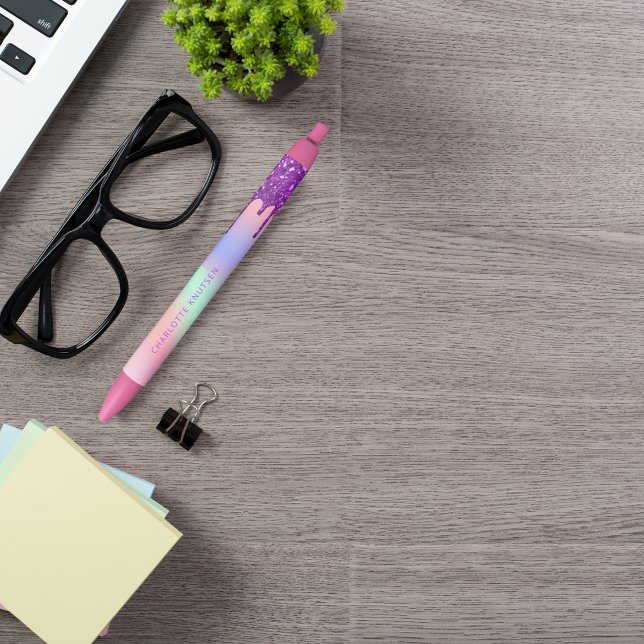 Pink purple drips custom monogram name black ink pen (Creator Uploaded)