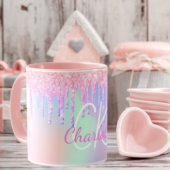Pink purple drips holographic monogram mug (Creator Uploaded)