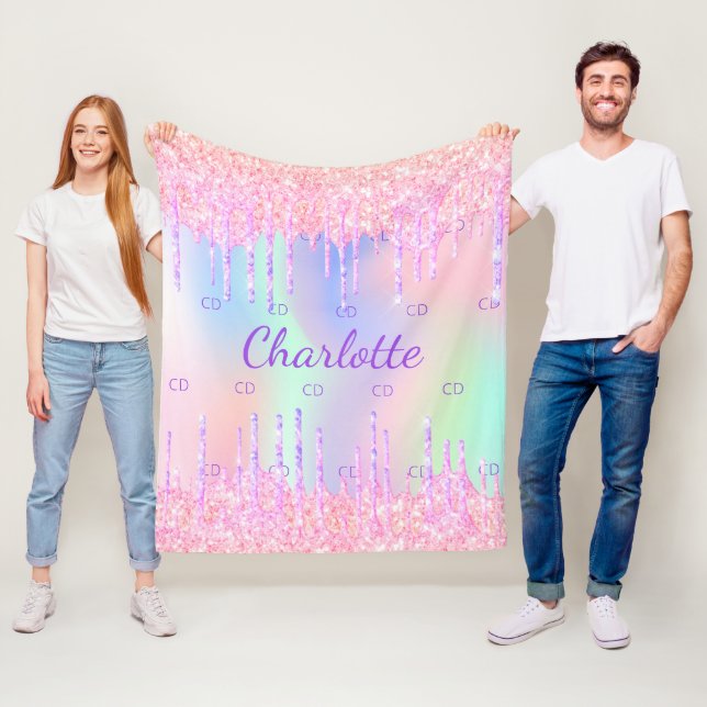 Pink purple drips holographic name monogram fleece blanket (In Situ)