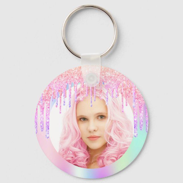 Pink purple drips photo girl holographic key ring (Front)