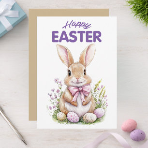 Pink Purple Easter Bunny Floral Happy Easter Card