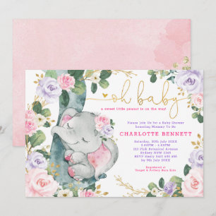 Pink Purple Elephant Floral Girl Baby Shower Invitation