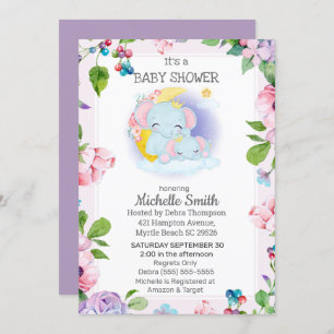 Pink Purple Elephant Floral Mum Baby Shower Invitation