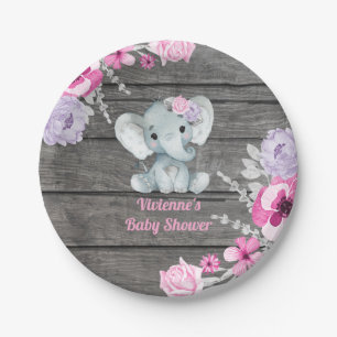 Pink Purple Elephant Plate 4 Baby Shower, Birthday