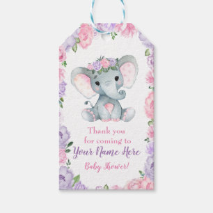 Pink Purple Elephant Thank You Tag Rustic Flowers