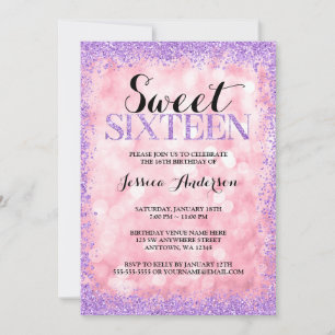 Pink Purple Faux Glitter Lights Sweet 16 Birthday Invitation