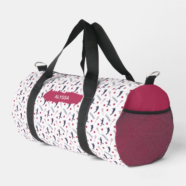 Pink & Purple Female Lacrosse Player Pattern Duffle Bag (Right Corner)