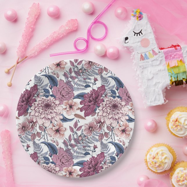 Pink purple ferns botanical florals slate blue  paper plate (Party)