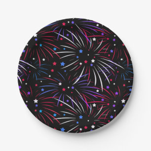 Pink Purple Fireworks Black Paper Plate